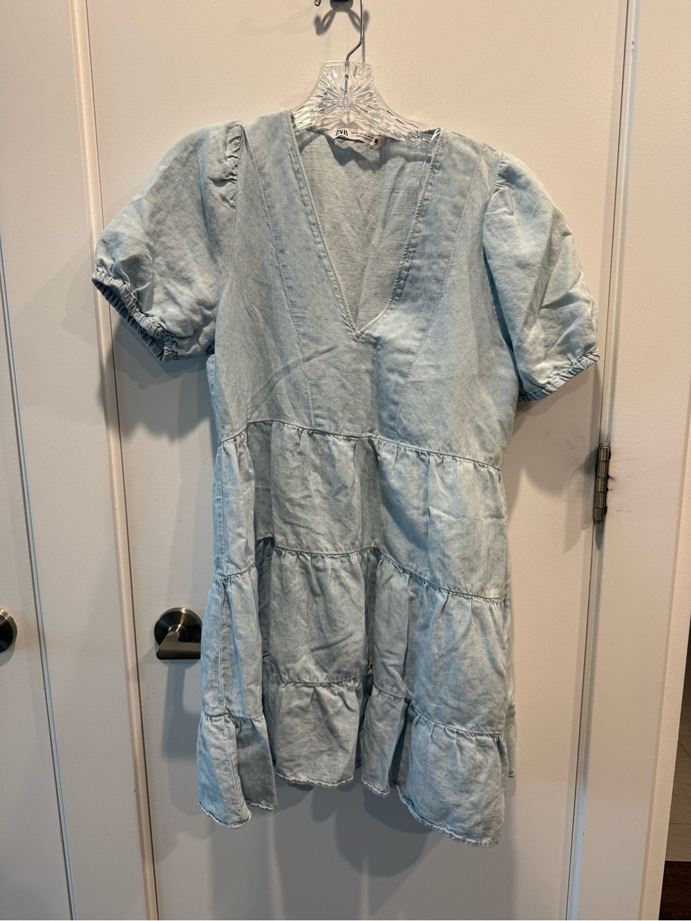 Zara Pale Blue Tiered Denim Mini Dress